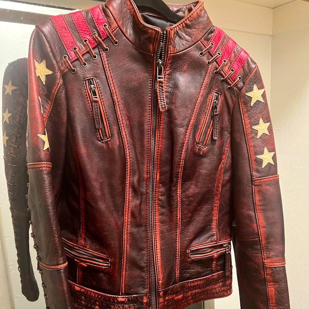 Black Rivet Red Leather Motorcycle Jacket